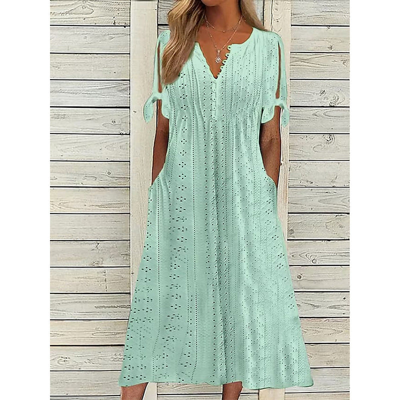 2023 Summer New Cross-border European and American Women's Dress Amazon Women's Hole Hollow V-Neck Lace Ruffles