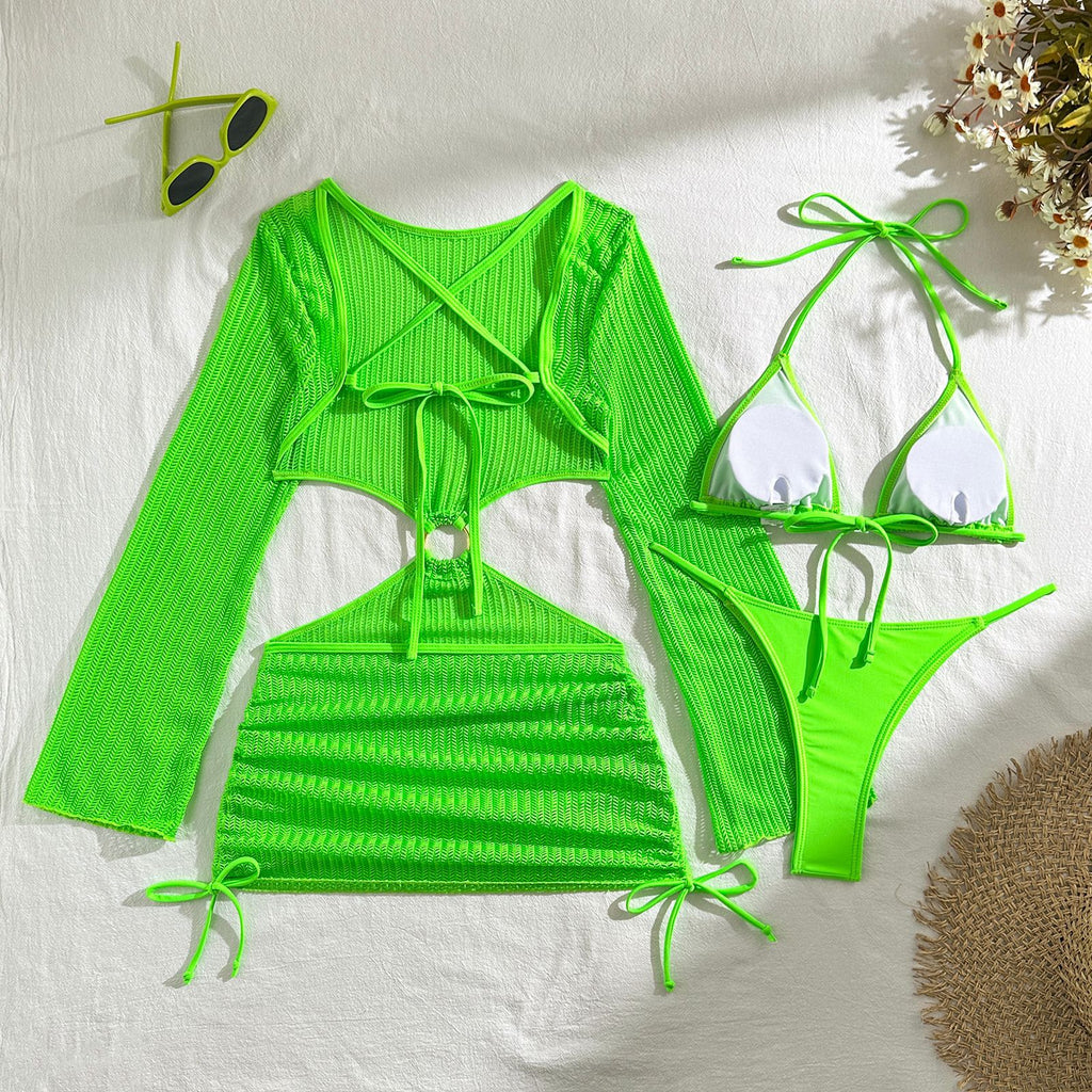 Set Playero de 3 Piezas: Bikini y Vestido de Malla Cut-Out