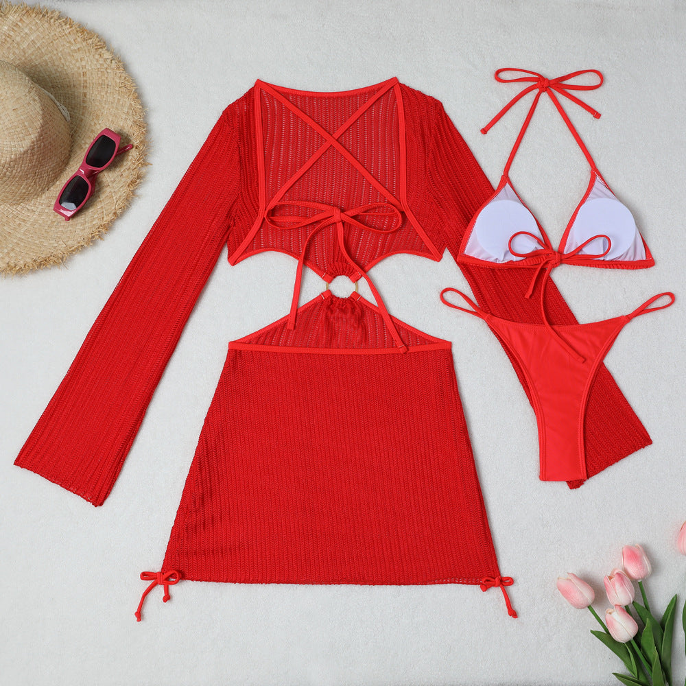 Set Playero de 3 Piezas: Bikini y Vestido de Malla Cut-Out