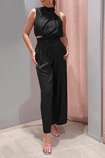 Women's 2-Piece Suit 2023 Summer Fashion Casual Sleeveless Boat Neck Crop Top Wide-Leg Pants