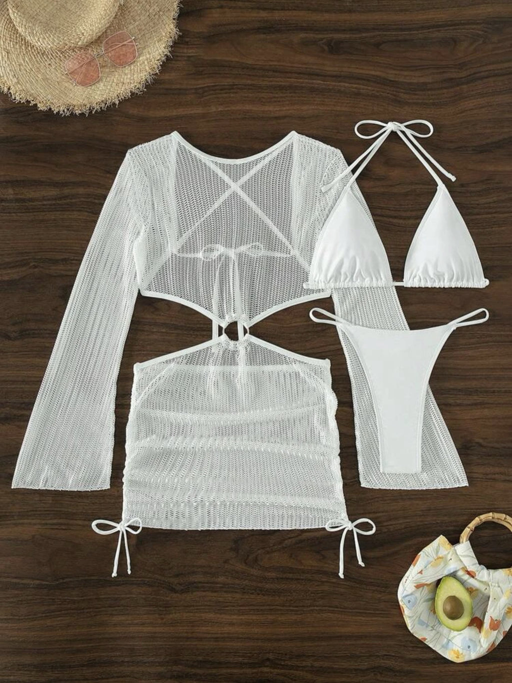 Set Playero de 3 Piezas: Bikini y Vestido de Malla Cut-Out