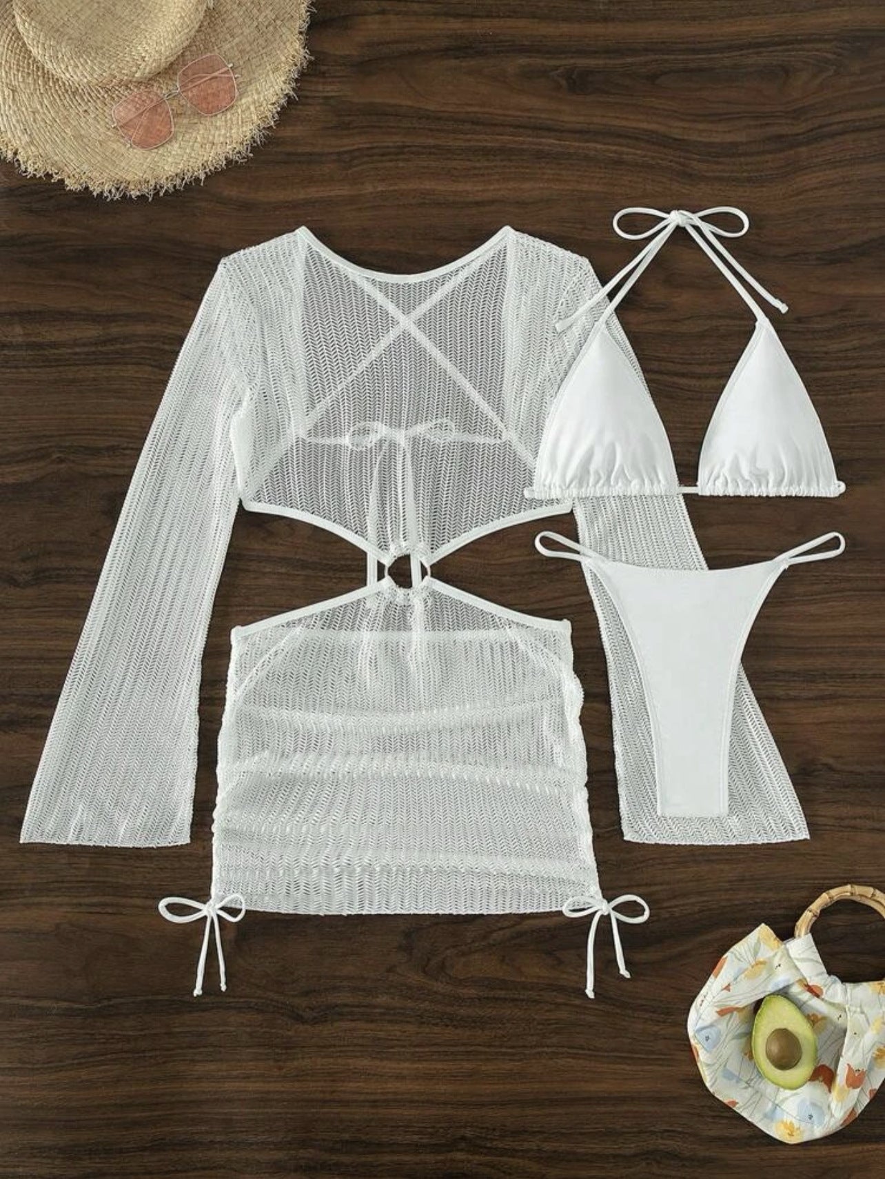 Set Playero de 3 Piezas: Bikini y Vestido de Malla Cut-Out
