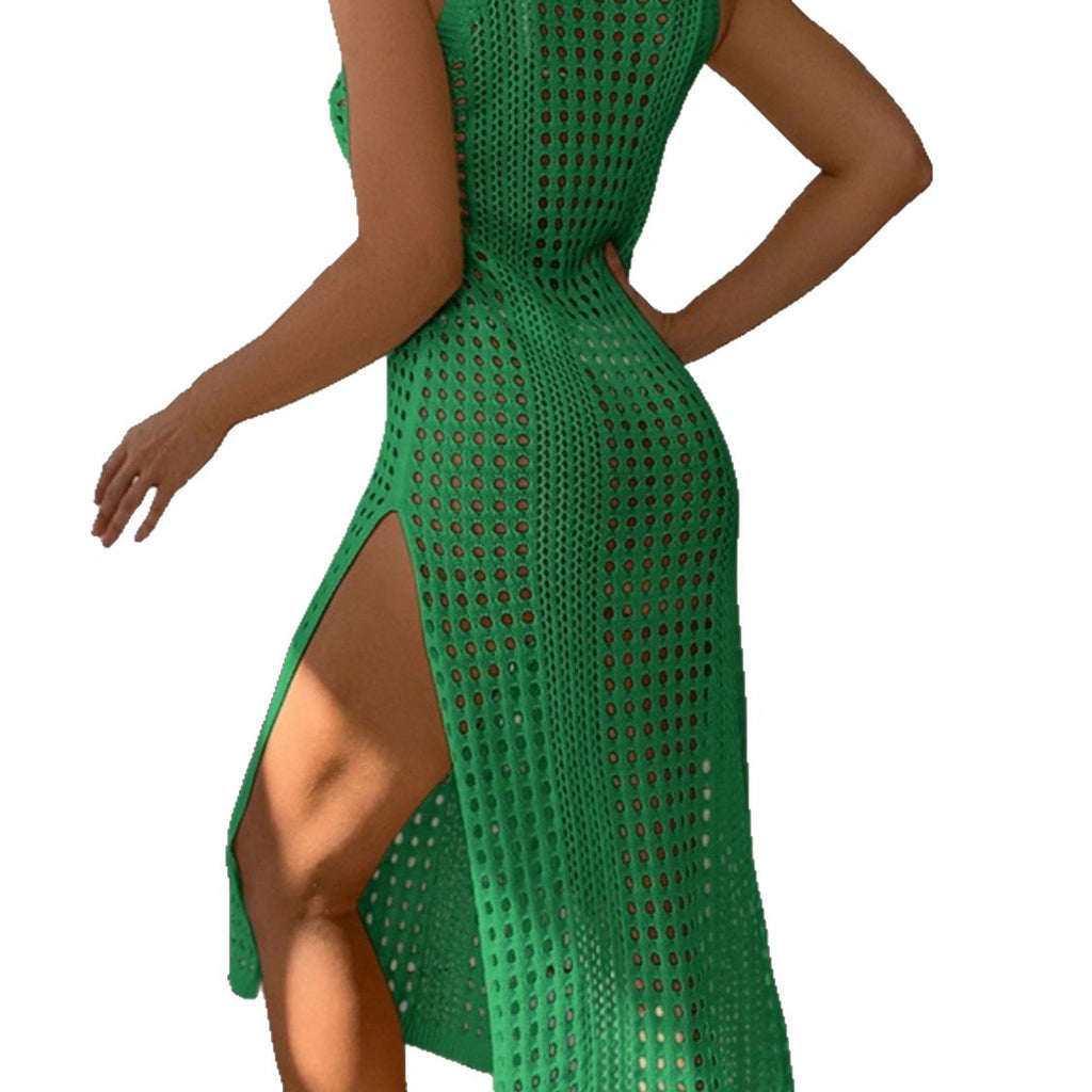 Vestido de Playa Midi en Tejido Calado con Abertura Lateral