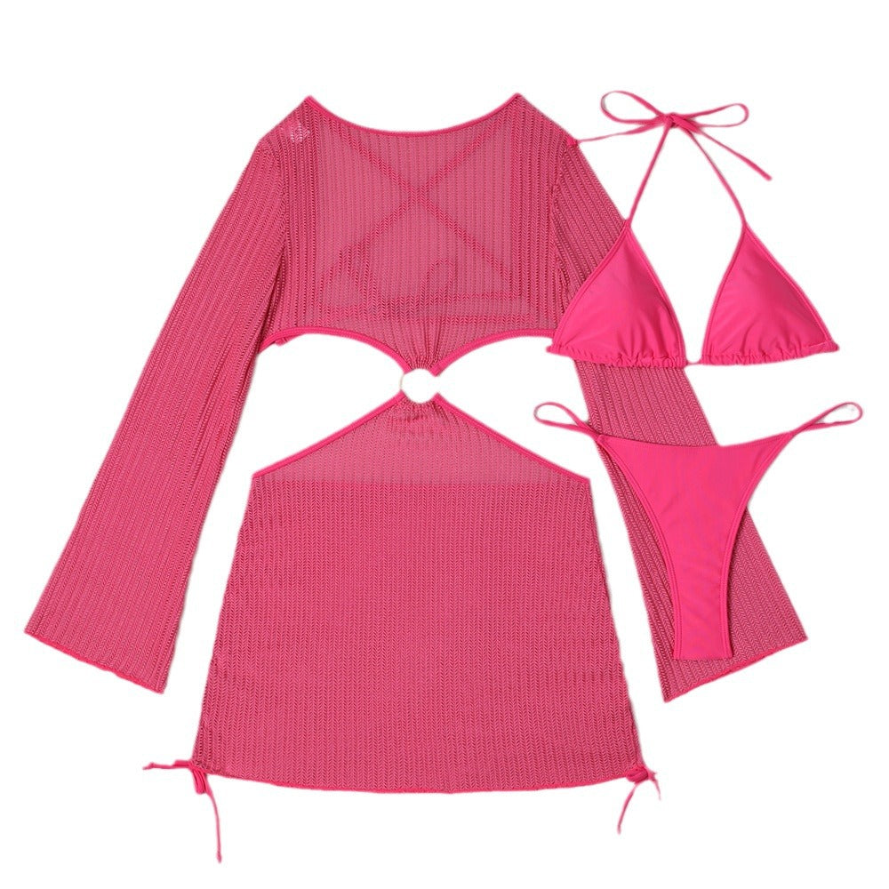 Set Playero de 3 Piezas: Bikini y Vestido de Malla Cut-Out