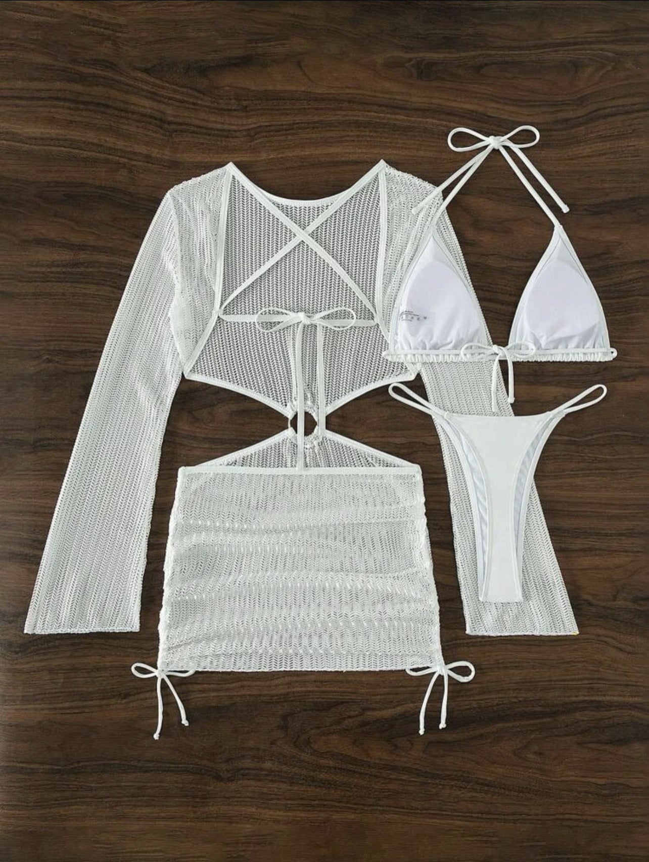 Set Playero de 3 Piezas: Bikini y Vestido de Malla Cut-Out