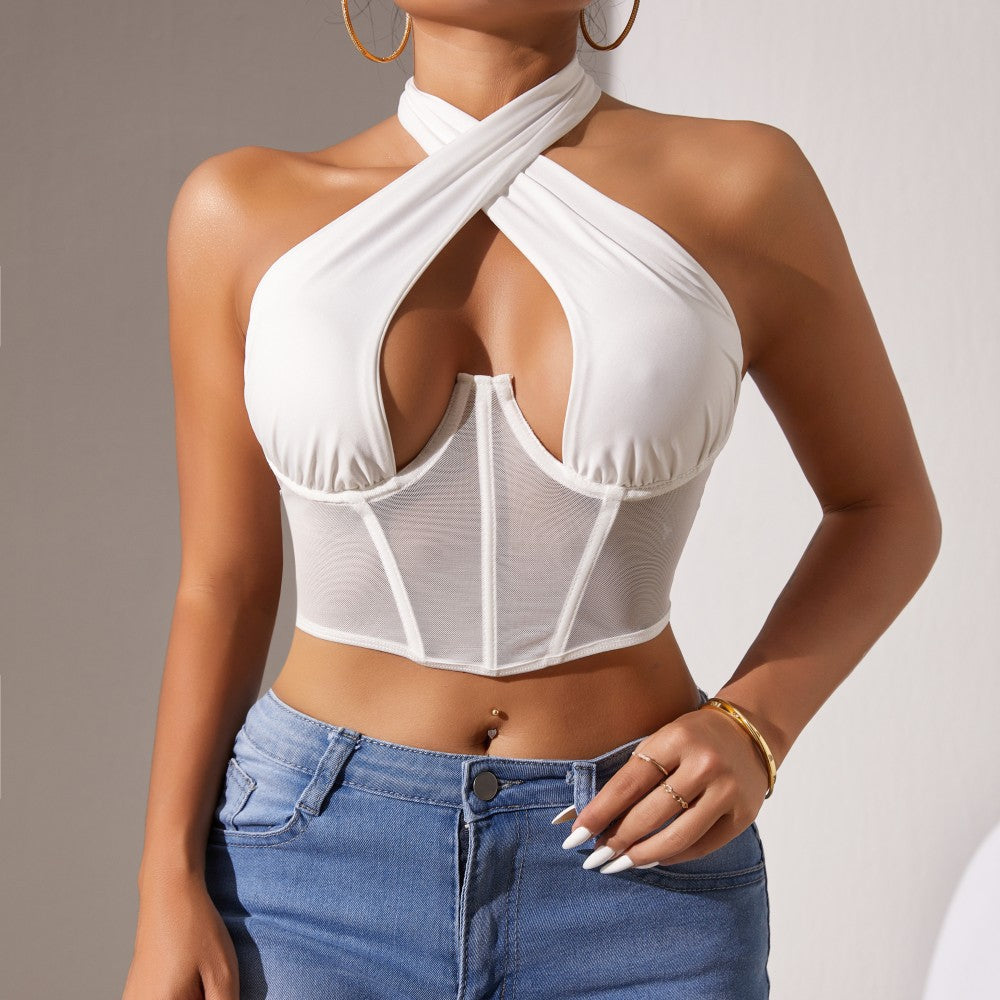 Top Tipo Corsé de Malla con Cuello Halter Cruzado – Mujer Verano