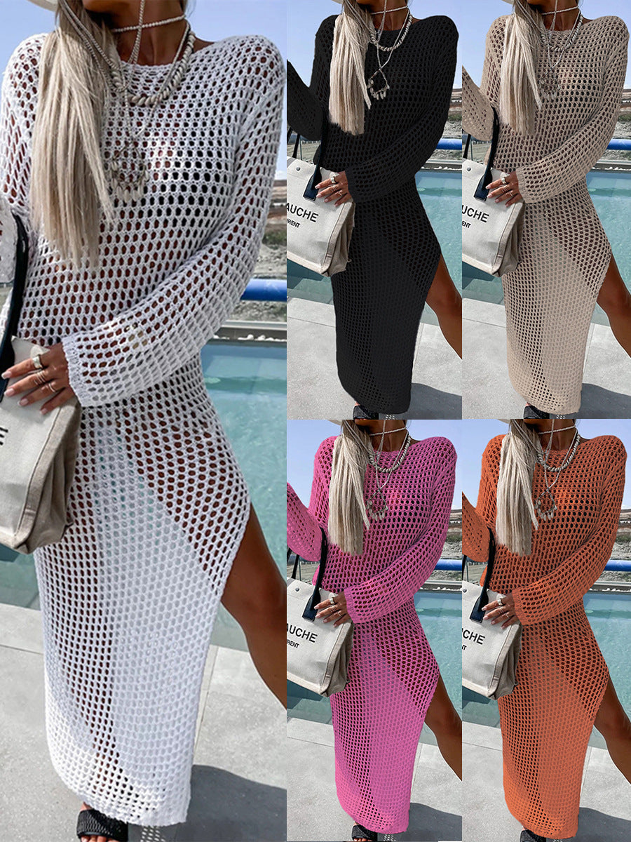 Vestido de Playa Calado para Bikini con Abertura Lateral y Manga Larga – Mujer