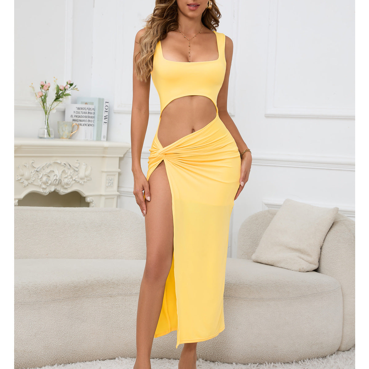 Vestido Largo con Abertura Abdominal y Nudo Lateral – Mujer Verano