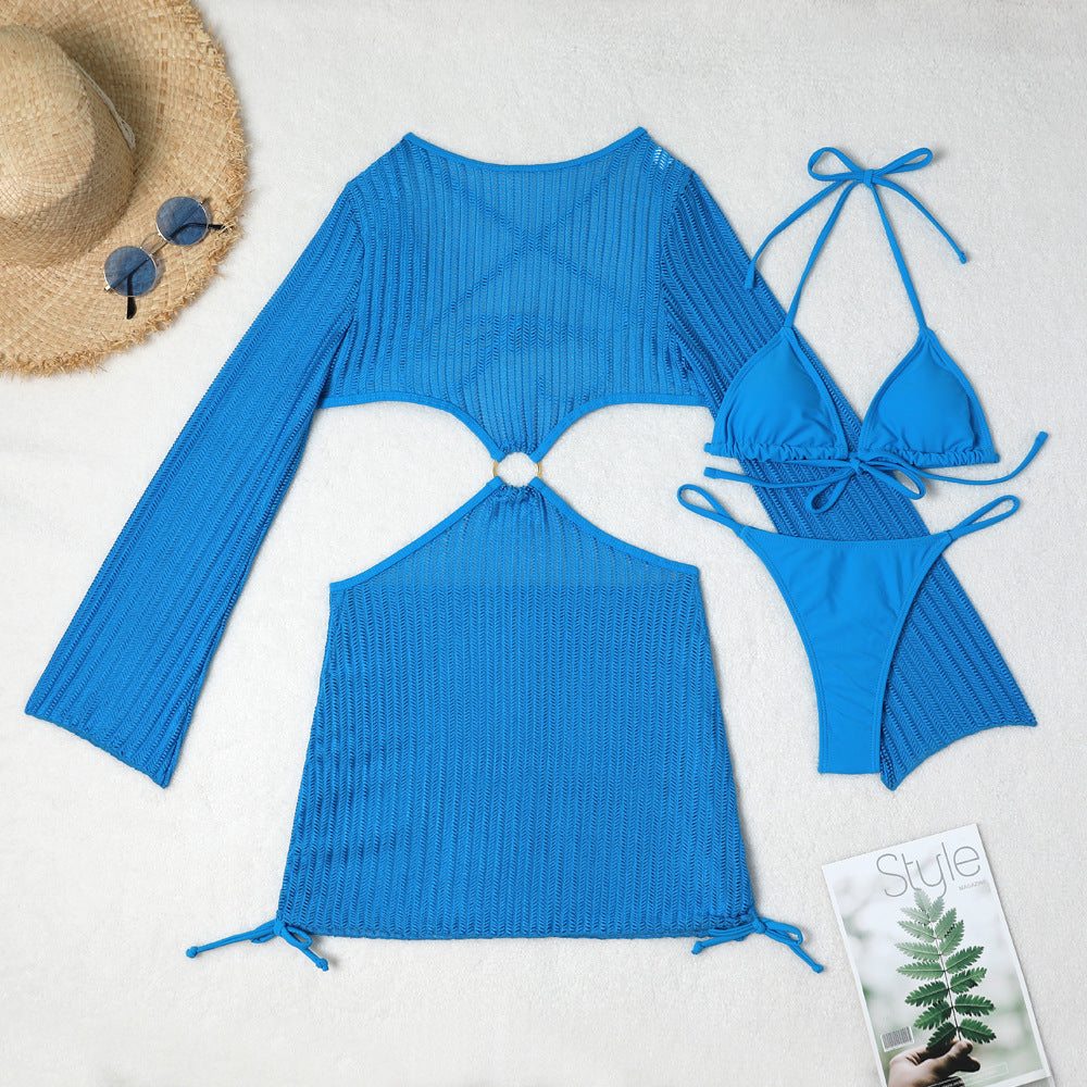 Set Playero de 3 Piezas: Bikini y Vestido de Malla Cut-Out