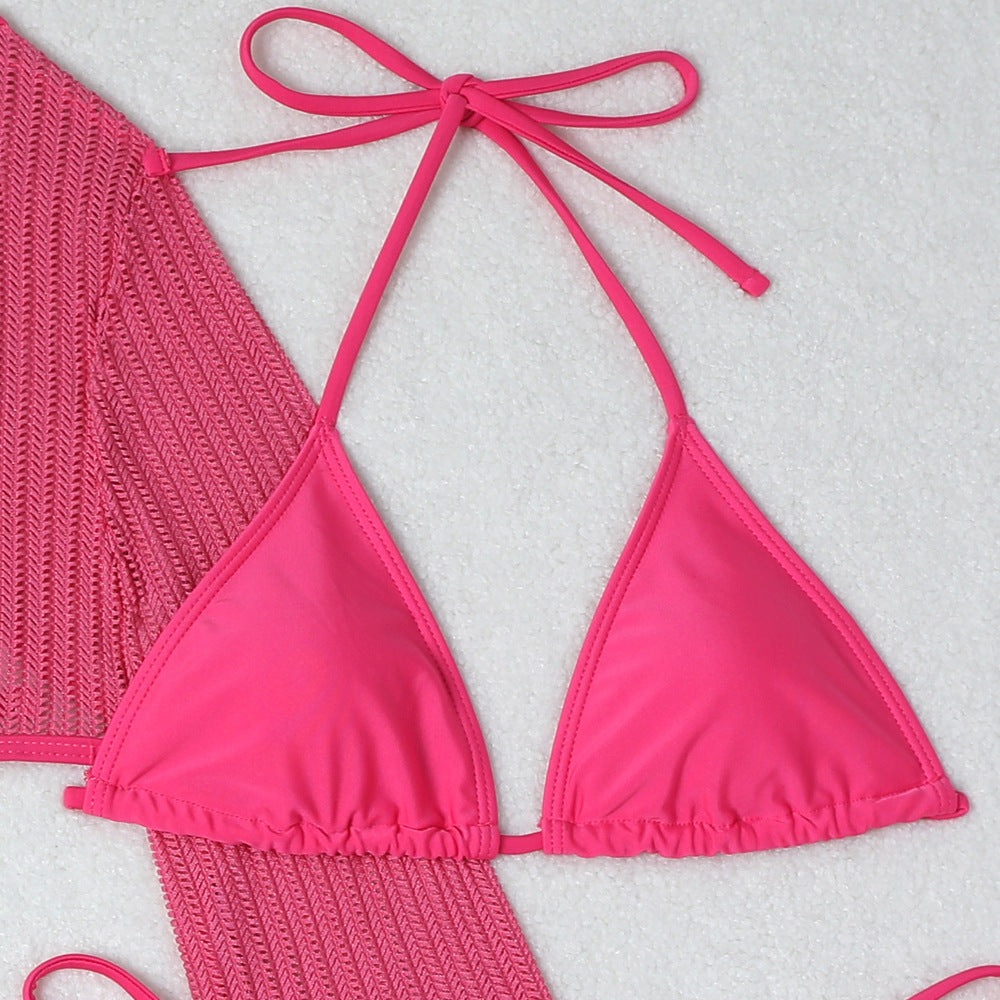 Set Playero de 3 Piezas: Bikini y Vestido de Malla Cut-Out
