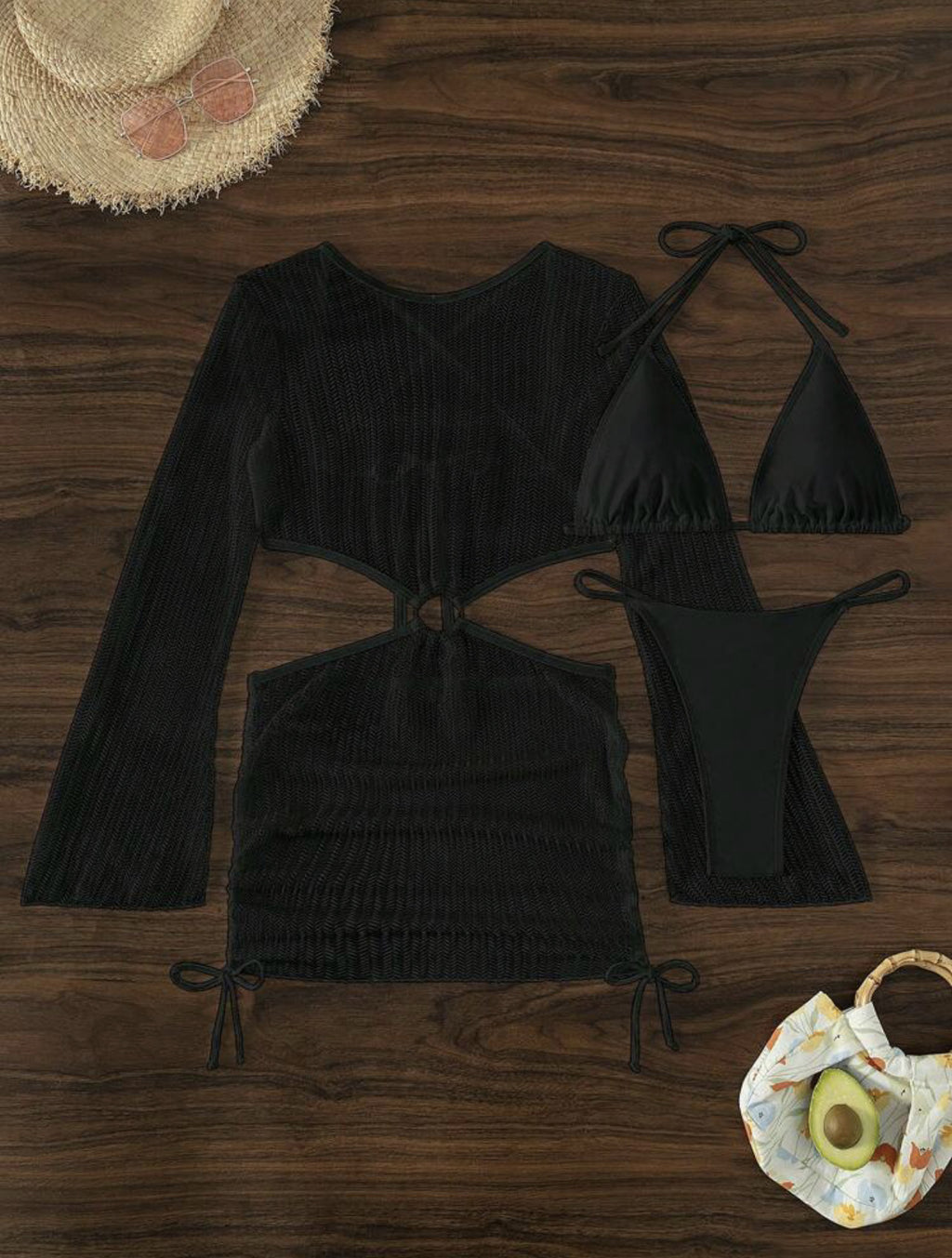 Set Playero de 3 Piezas: Bikini y Vestido de Malla Cut-Out