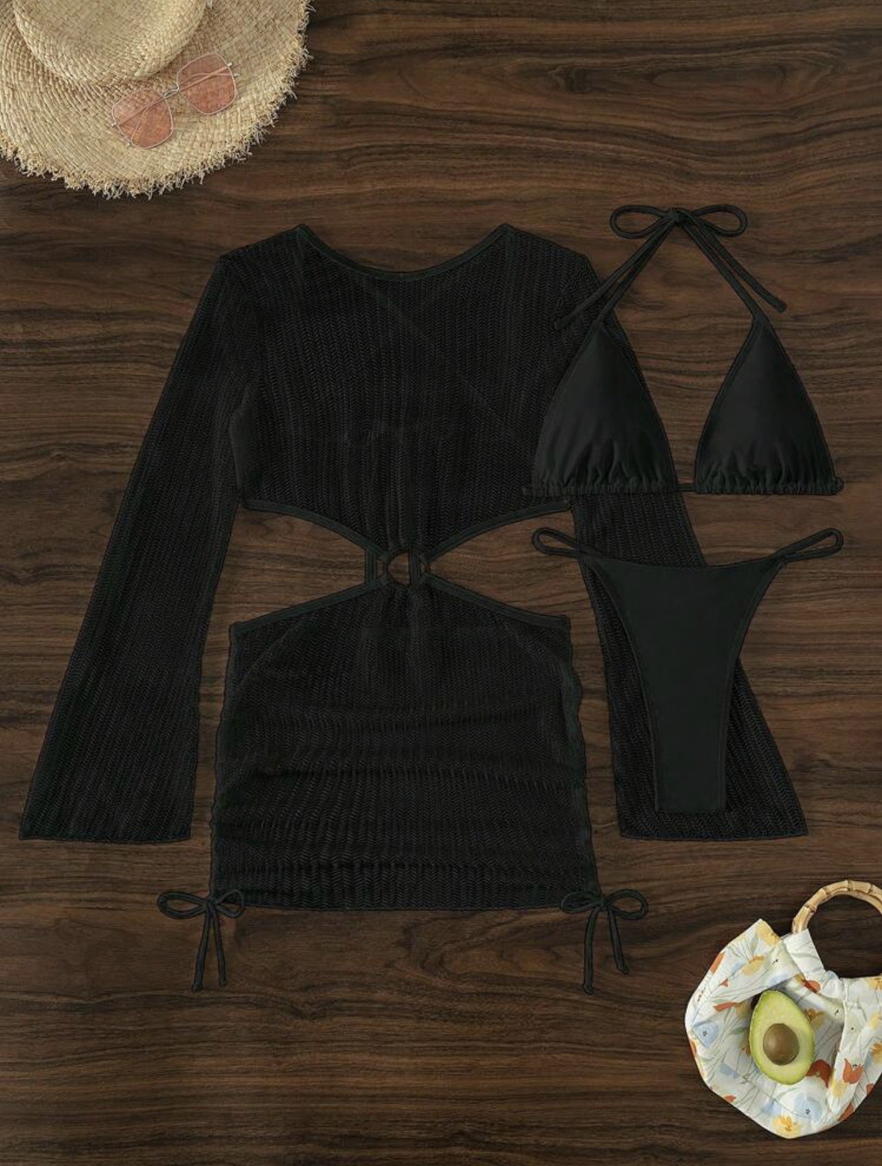 Set Playero de 3 Piezas: Bikini y Vestido de Malla Cut-Out