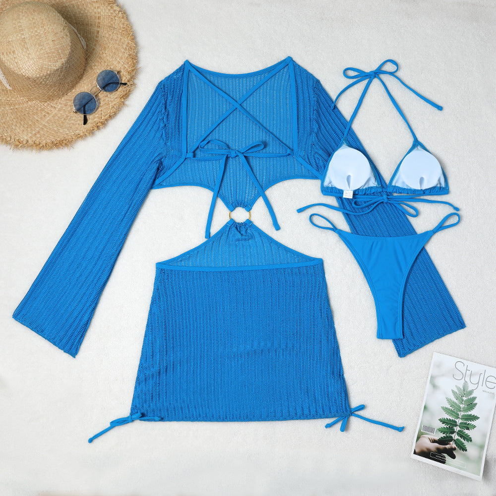 Set Playero de 3 Piezas: Bikini y Vestido de Malla Cut-Out