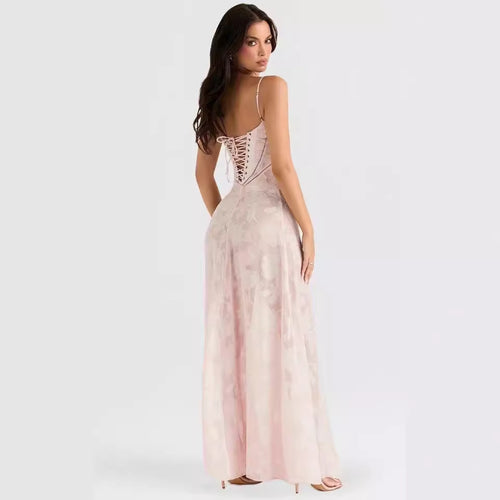 2024 Sexy Sleeveless Strap Backless dress Women's Chiffon Embroidered Square Collar Ball Evening Dress dress
