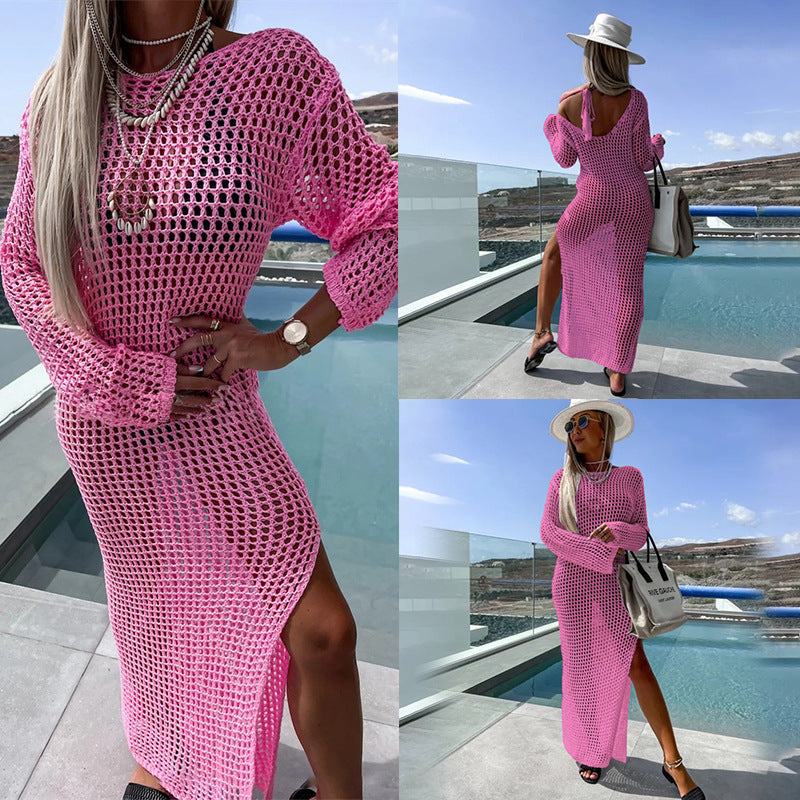 Vestido de Playa Calado para Bikini con Abertura Lateral y Manga Larga