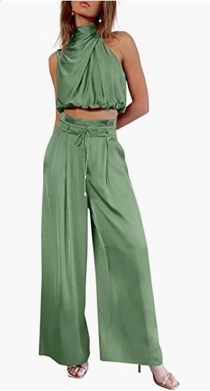 Women's 2-Piece Suit 2023 Summer Fashion Casual Sleeveless Boat Neck Crop Top Wide-Leg Pants