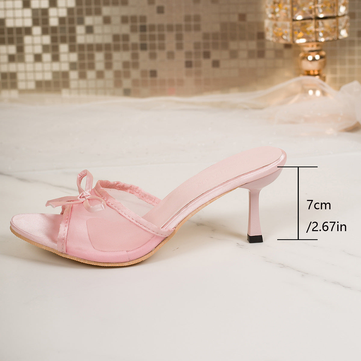 Foreign Trade Large Size Women's Shoes 2025 Spring New One-Line Slippers Mesh Fabric Bow Decorated High-Heeled Sandals