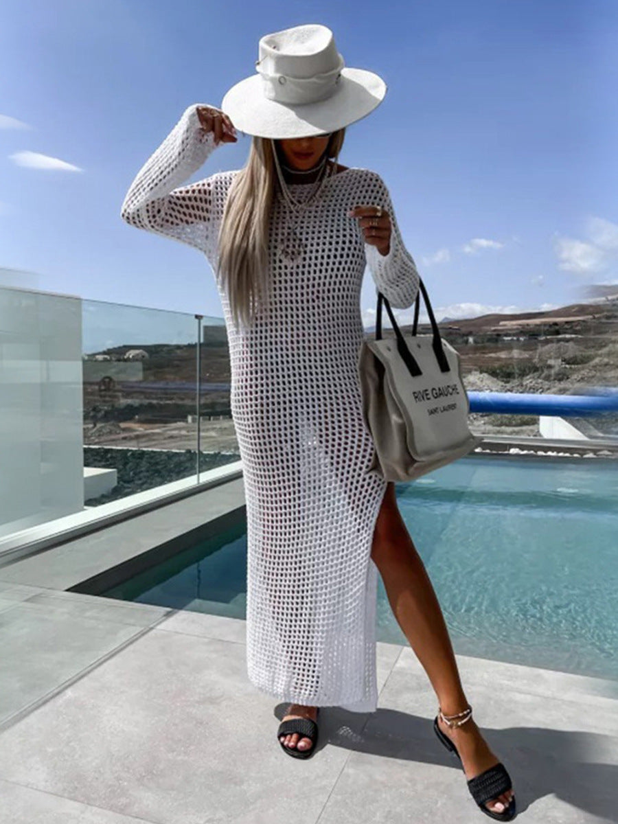 Vestido de Playa Calado para Bikini con Abertura Lateral y Manga Larga