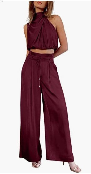 Women's 2-Piece Suit 2023 Summer Fashion Casual Sleeveless Boat Neck Crop Top Wide-Leg Pants
