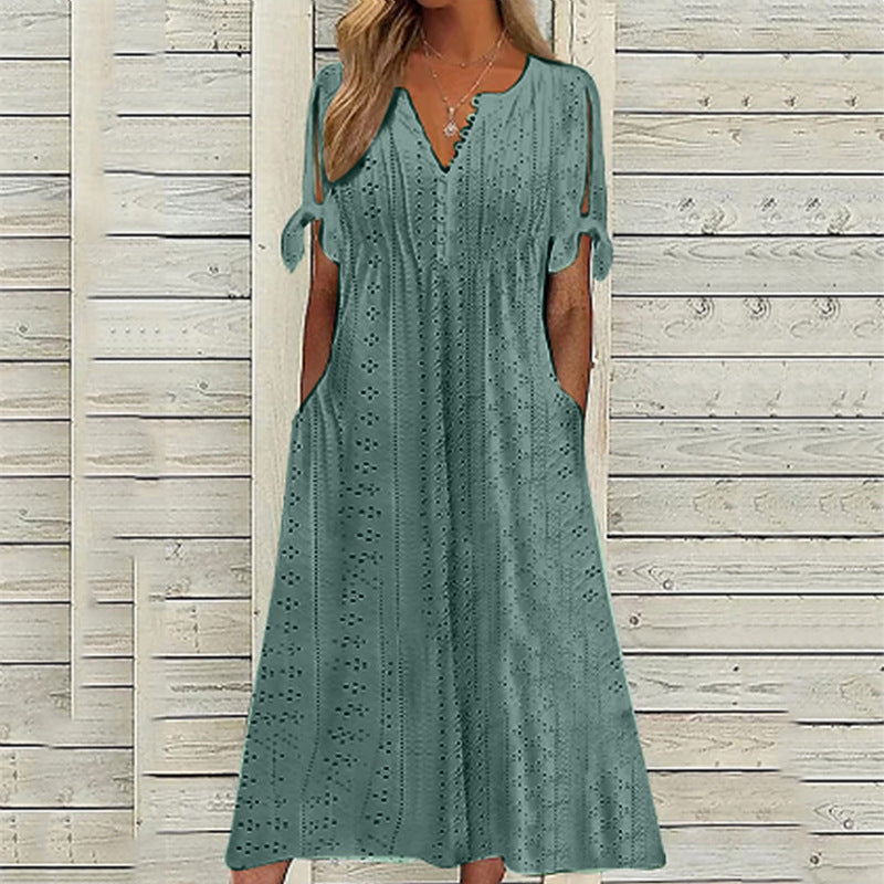 2023 Summer New Cross-border European and American Women's Dress Amazon Women's Hole Hollow V-Neck Lace Ruffles