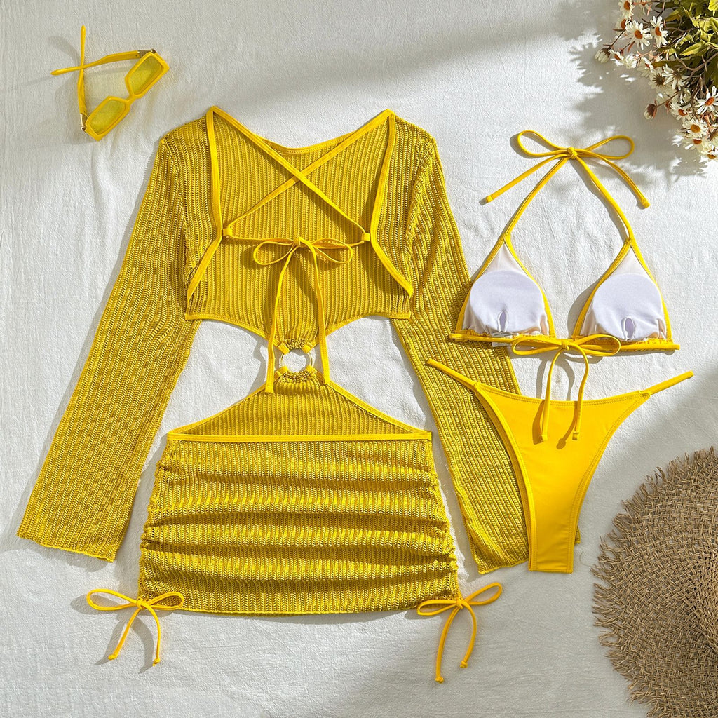 Set Playero de 3 Piezas: Bikini y Vestido de Malla Cut-Out