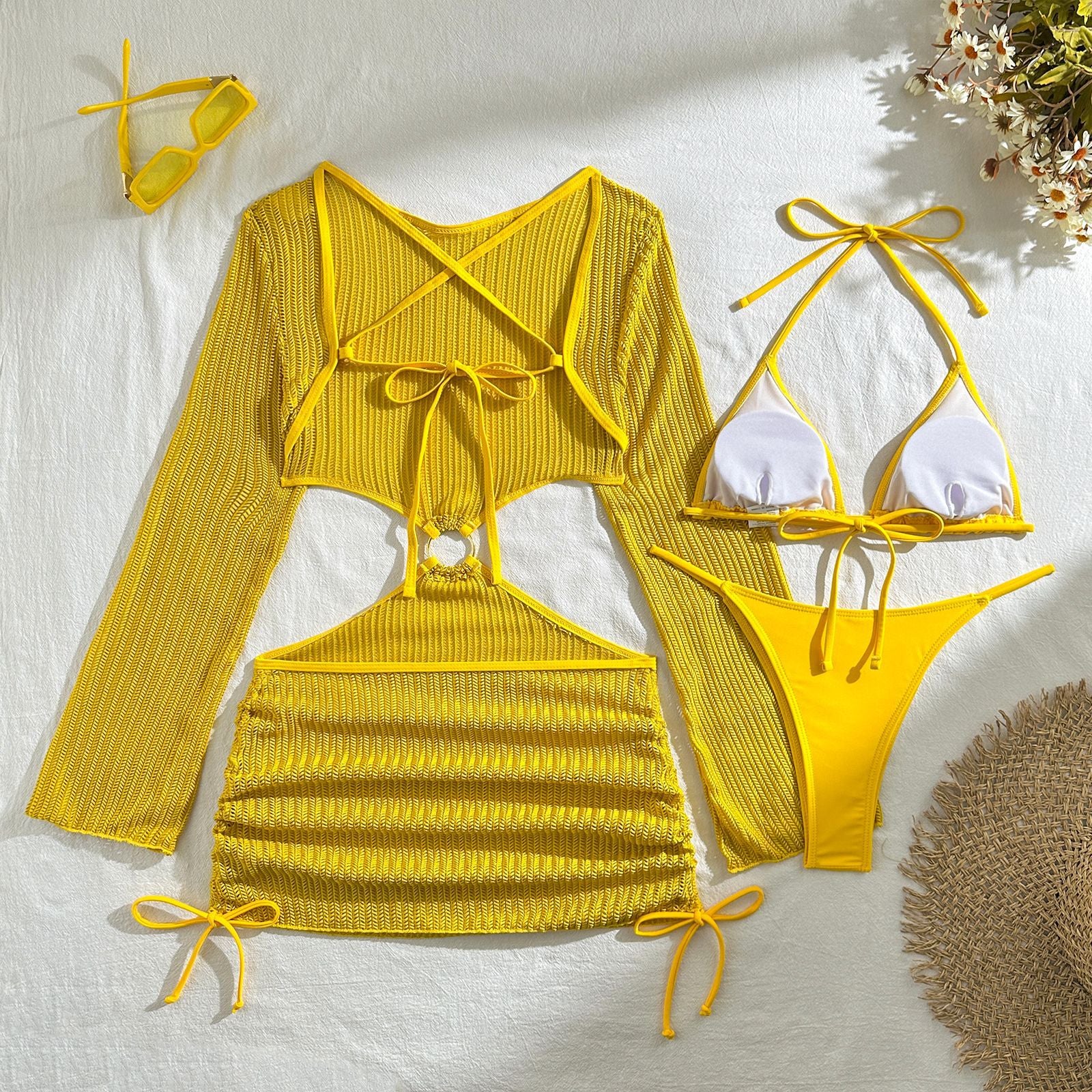 Set Playero de 3 Piezas: Bikini y Vestido de Malla Cut-Out
