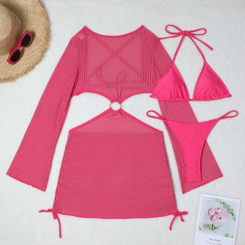 Set Playero de 3 Piezas: Bikini y Vestido de Malla Cut-Out
