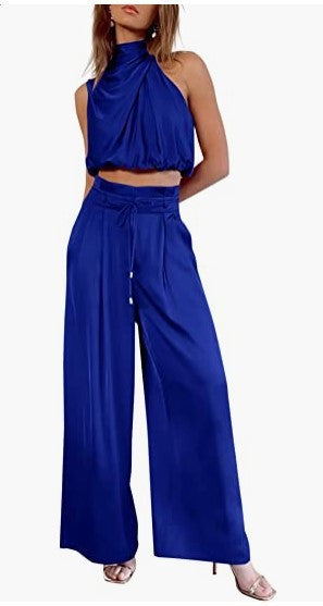 Women's 2-Piece Suit 2023 Summer Fashion Casual Sleeveless Boat Neck Crop Top Wide-Leg Pants