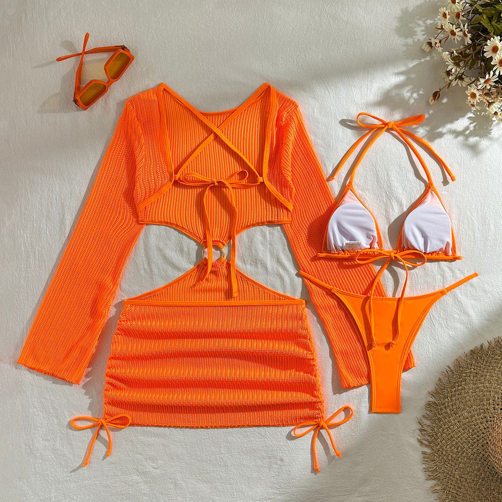 Set Playero de 3 Piezas: Bikini y Vestido de Malla Cut-Out