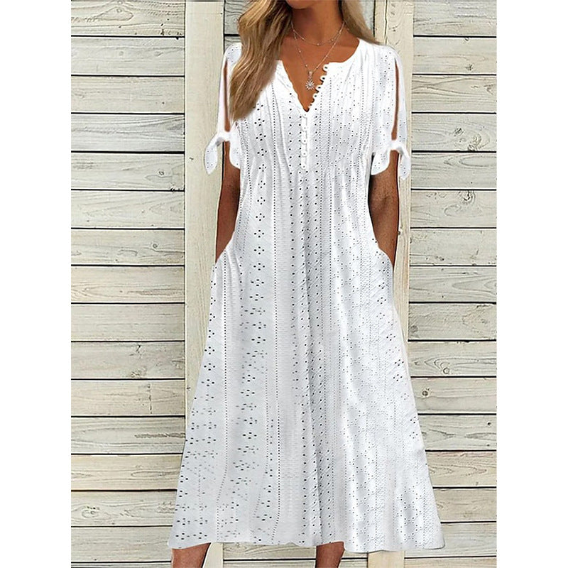 2023 Summer New Cross-border European and American Women's Dress Amazon Women's Hole Hollow V-Neck Lace Ruffles