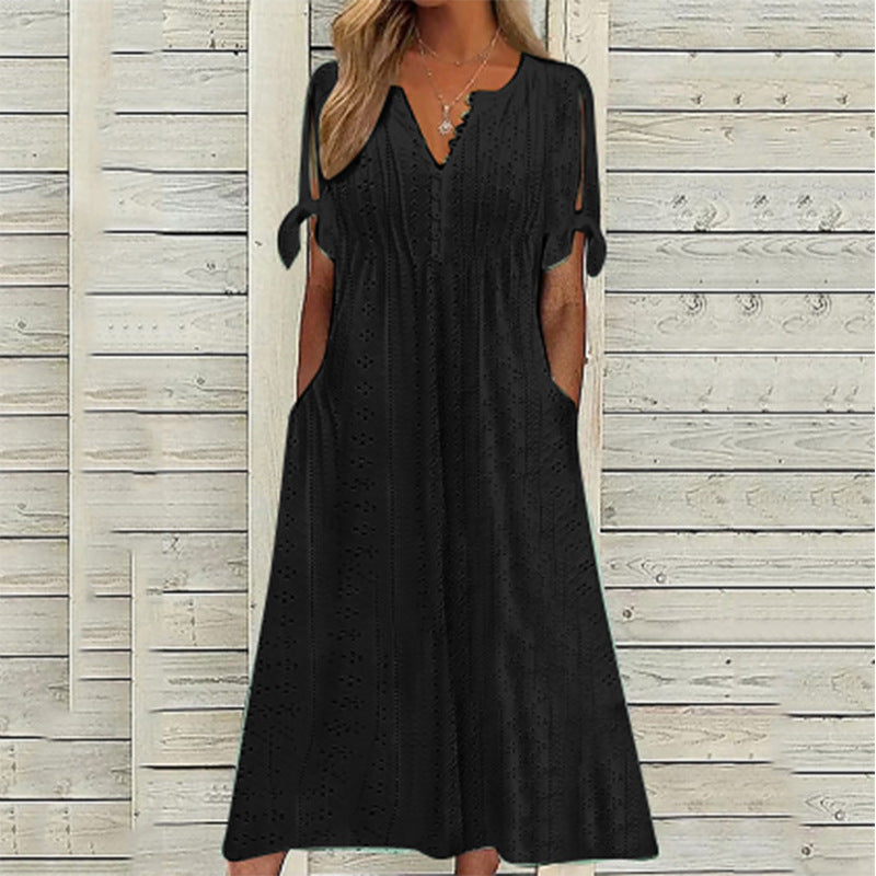 2023 Summer New Cross-border European and American Women's Dress Amazon Women's Hole Hollow V-Neck Lace Ruffles