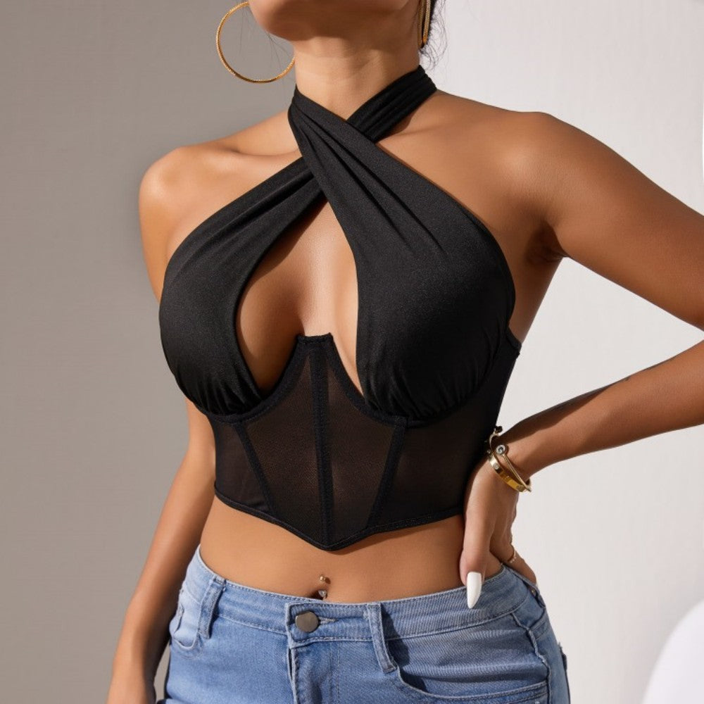 Top Tipo Corsé de Malla con Cuello Halter Cruzado