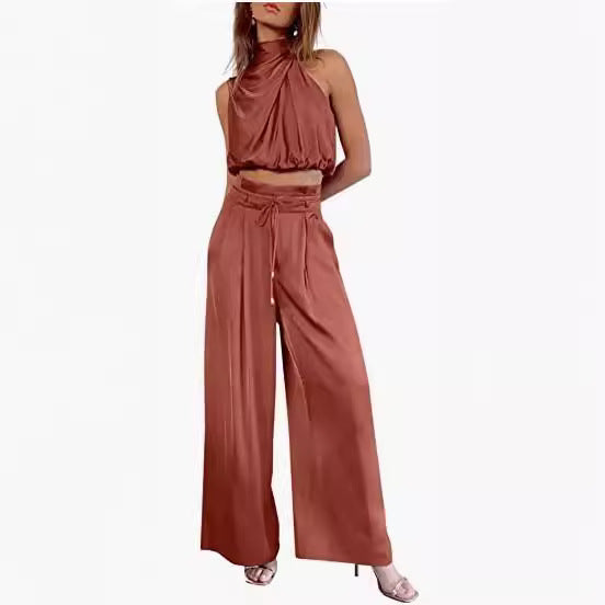 Women's 2-Piece Suit 2023 Summer Fashion Casual Sleeveless Boat Neck Crop Top Wide-Leg Pants