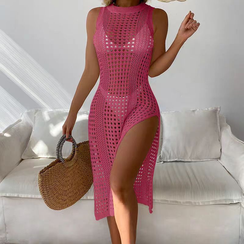 Vestido de Playa Midi en Tejido Calado con Abertura Lateral