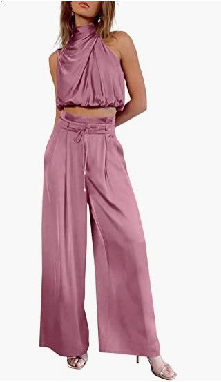 Women's 2-Piece Suit 2023 Summer Fashion Casual Sleeveless Boat Neck Crop Top Wide-Leg Pants