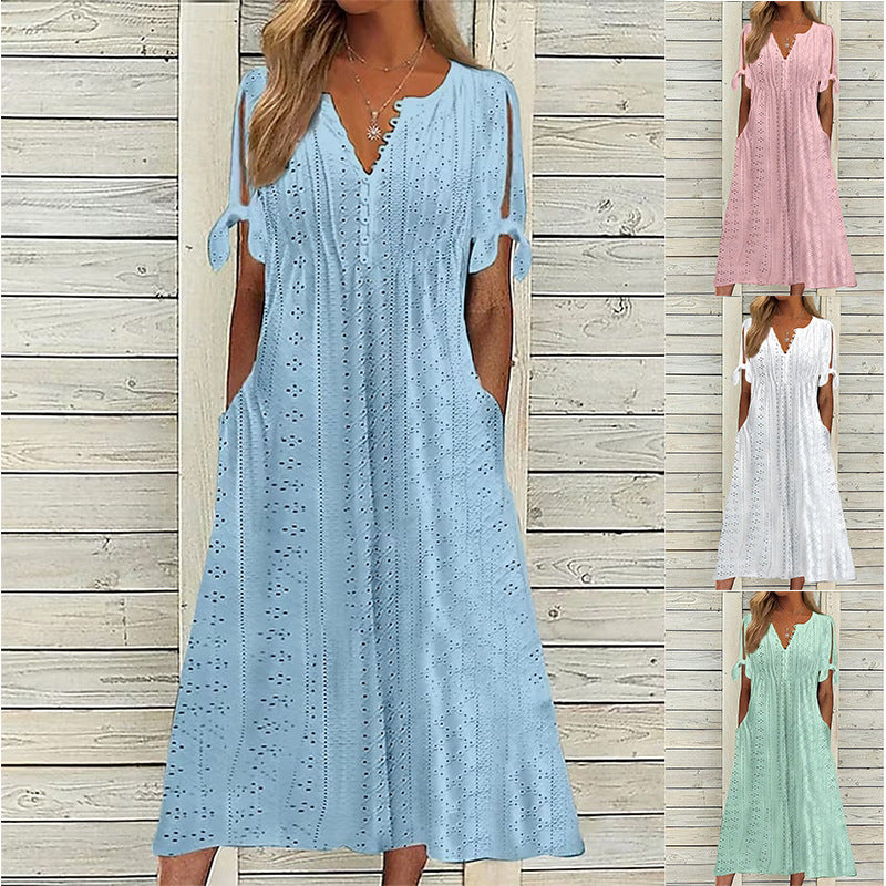 2023 Summer New Cross-border European and American Women's Dress Amazon Women's Hole Hollow V-Neck Lace Ruffles