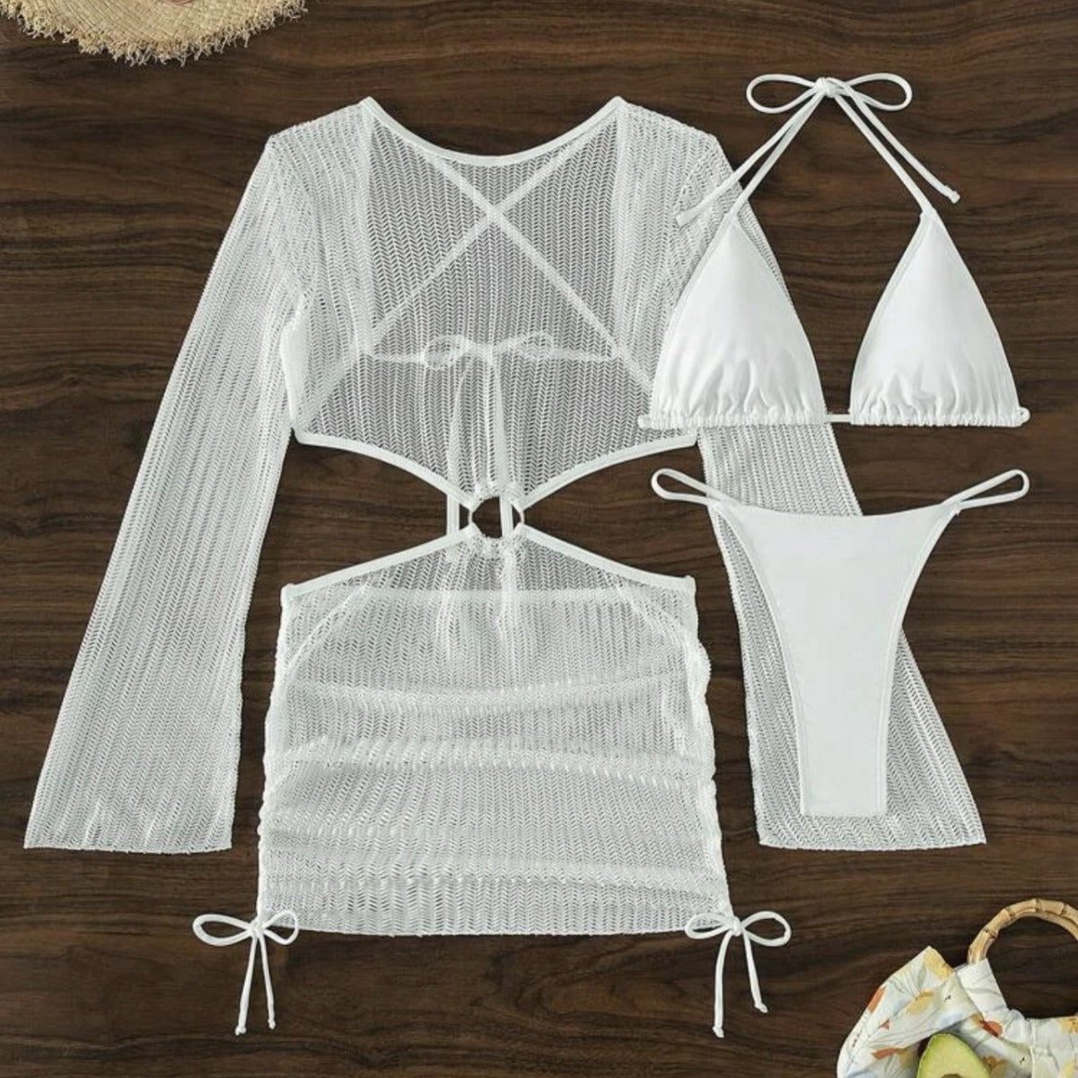 Set Playero de 3 Piezas: Bikini y Vestido de Malla Cut-Out