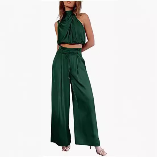 Women's 2-Piece Suit 2023 Summer Fashion Casual Sleeveless Boat Neck Crop Top Wide-Leg Pants
