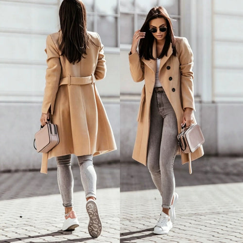 2026 Autumn/Winter European and American New Cross-Border Women's Clothing Woolen Coat Solid Color Tie-Up Mid-Length Woolen Jacket