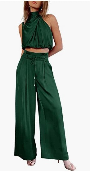 Women's 2-Piece Suit 2023 Summer Fashion Casual Sleeveless Boat Neck Crop Top Wide-Leg Pants