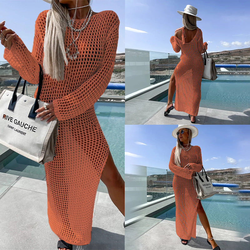 Vestido de Playa Calado para Bikini con Abertura Lateral y Manga Larga