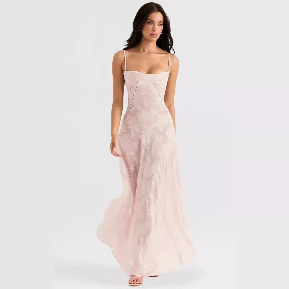 2024 Sexy Sleeveless Strap Backless dress Women's Chiffon Embroidered Square Collar Ball Evening Dress dress