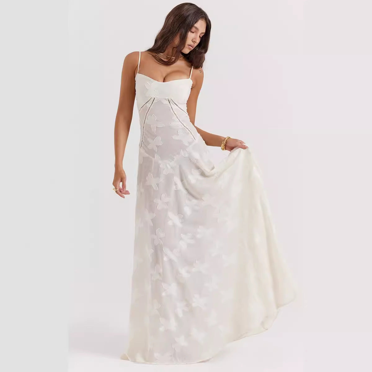 2024 Sexy Sleeveless Strap Backless dress Women's Chiffon Embroidered Square Collar Ball Evening Dress dress