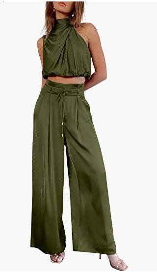 Women's 2-Piece Suit 2023 Summer Fashion Casual Sleeveless Boat Neck Crop Top Wide-Leg Pants