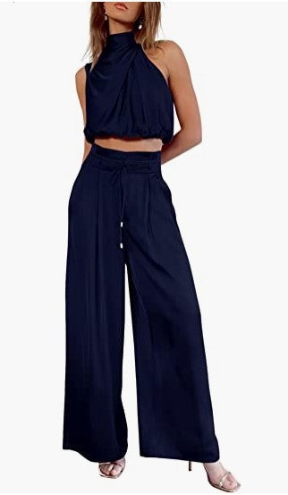 Women's 2-Piece Suit 2023 Summer Fashion Casual Sleeveless Boat Neck Crop Top Wide-Leg Pants