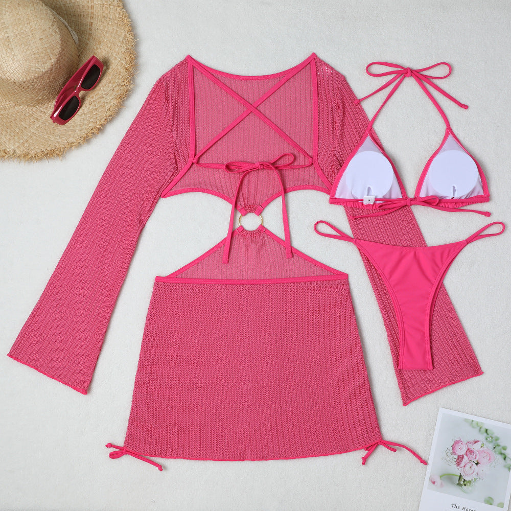 Set Playero de 3 Piezas: Bikini y Vestido de Malla Cut-Out