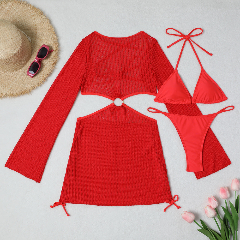 Set Playero de 3 Piezas: Bikini y Vestido de Malla Cut-Out