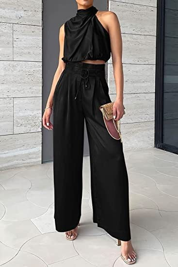 Women's 2-Piece Suit 2023 Summer Fashion Casual Sleeveless Boat Neck Crop Top Wide-Leg Pants