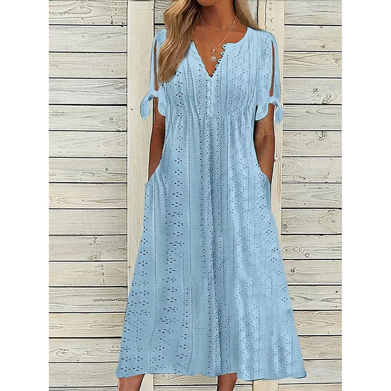 2023 Summer New Cross-border European and American Women's Dress Amazon Women's Hole Hollow V-Neck Lace Ruffles