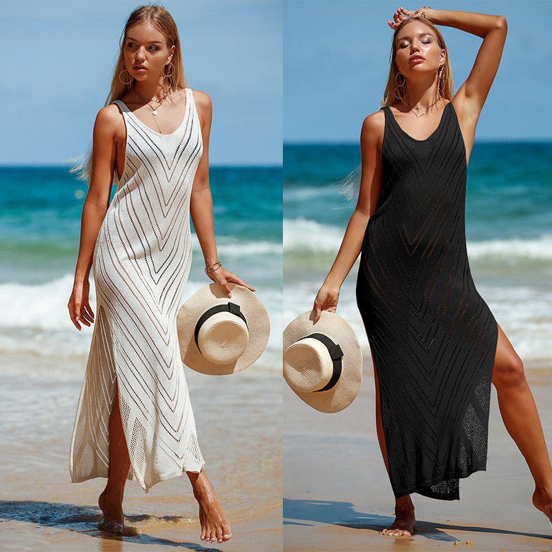 Vestido Largo de Playa de Punto con Espalda Descubierta y Abertura Lateral